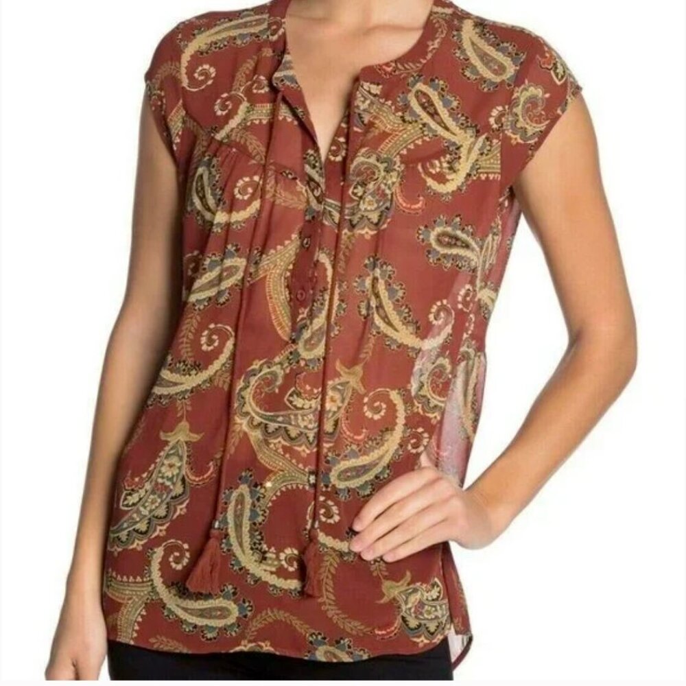 DR2 by Daniel Rainn Red Paisley Sheer Cap Sleeve Boho Flowy Peasant Blouse S
